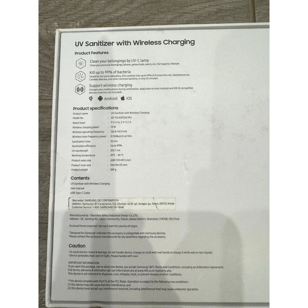 Samsung UV Sanitizer Wireless Charger Unisex OS White New‎ GP-TOU020SACWU Qi 10W